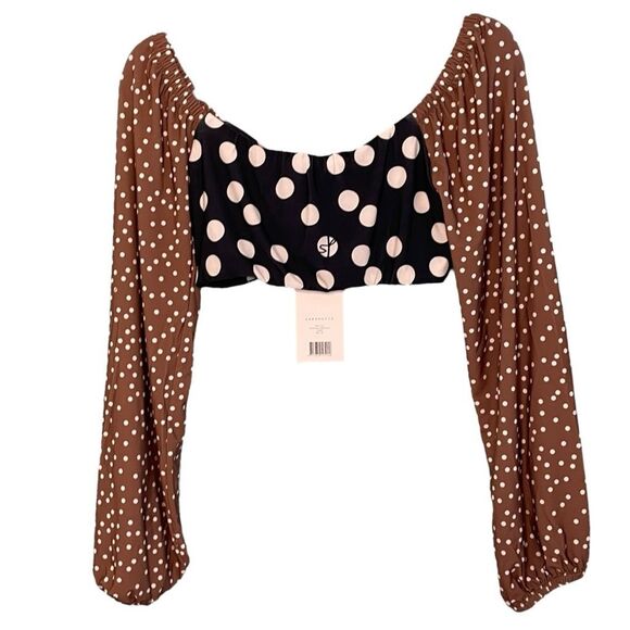 Saks Potts Sophie Cropped Polka Dot Blouse Black White Brown Long Sleeve XS - Picture 3 of 9